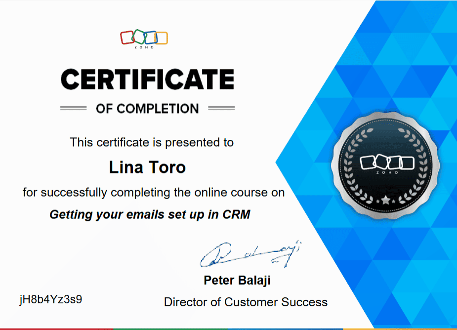 Zoho_Emailing_CRM_Certificate_Lina_Toro