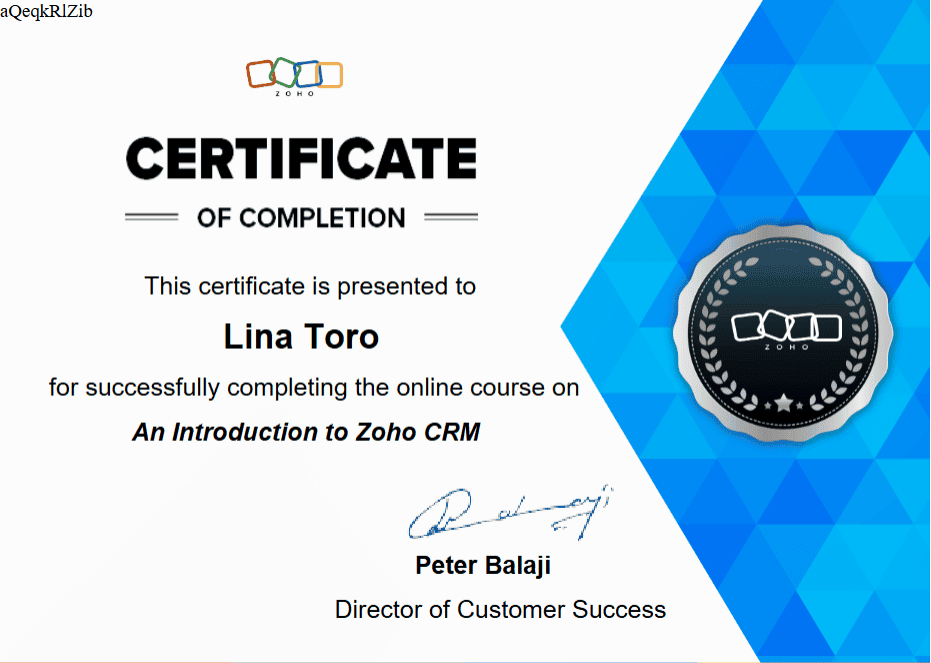 Zoho_Introduction_CRM_Certificate_Lina_Toro